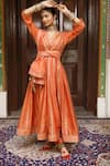 Buy_Amoree by Shikha Chaudhry_Rust Chanderi , , Chanderi, Organza Pittan Work Anarkali Set _at_Aza_Fashions