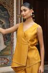 Amoree by Shikha Chaudhry_Mustard Chanderi Silk Beads, Embroidery V-neck Top And Pant Set _Online_at_Aza_Fashions