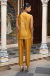 Shop_Amoree by Shikha Chaudhry_Mustard Chanderi Silk Beads, Embroidery V-neck Top And Pant Set _at_Aza_Fashions