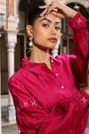 Buy_Amoree by Shikha Chaudhry_Fuchsia Chanderi Silk Embroidery Collared Shirt With Pant _Online_at_Aza_Fashions