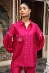 Shop_Amoree by Shikha Chaudhry_Fuchsia Chanderi Silk Embroidery Collared Shirt With Pant _Online_at_Aza_Fashions