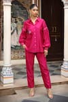 Buy_Amoree by Shikha Chaudhry_Fuchsia Chanderi Silk Embroidery Collared Shirt With Pant _at_Aza_Fashions