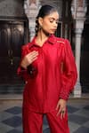 Buy_Amoree by Shikha Chaudhry_Red Silk, Embroidery, Sequins Collared Shirt With Pant _Online_at_Aza_Fashions
