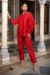 Buy_Amoree by Shikha Chaudhry_Red Silk, Embroidery, Sequins Collared Shirt With Pant _at_Aza_Fashions