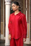 Shop_Amoree by Shikha Chaudhry_Red Silk, Embroidery, Sequins Collared Shirt With Pant _Online_at_Aza_Fashions