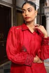 Amoree by Shikha Chaudhry_Red Silk, Embroidery, Sequins Collared Shirt With Pant _at_Aza_Fashions