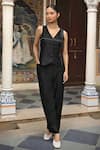 Amoree by Shikha Chaudhry_Black Chanderi Silk Embroidery, Beads V-neck Cutdana Work Top With Pant _at_Aza_Fashions