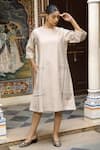 Buy_Amoree by Shikha Chaudhry_Beige Cotton, Silk Beads, Embroidery Round Neck Cutdana Work Dress _at_Aza_Fashions
