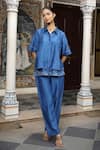 Buy_Amoree by Shikha Chaudhry_Blue Chanderi Silk Embroidery, Metallic Thread Collared Work Shirt With Pant _at_Aza_Fashions