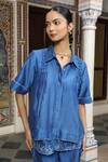 Buy_Amoree by Shikha Chaudhry_Blue Chanderi Silk Embroidery, Metallic Thread Collared Work Shirt With Pant _Online_at_Aza_Fashions
