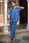 Shop_Amoree by Shikha Chaudhry_Blue Chanderi Silk Embroidery, Metallic Thread Collared Work Shirt With Pant _Online_at_Aza_Fashions