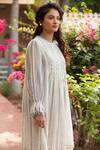 Amoree by Shikha Chaudhry_Off White Cotton, Silk Embroidery Round Neck Short Frilled Dress _Online_at_Aza_Fashions