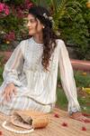 Buy_Amoree by Shikha Chaudhry_Off White Cotton, Silk Embroidery Round Neck Short Frilled Dress _Online_at_Aza_Fashions