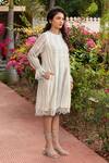 Shop_Amoree by Shikha Chaudhry_Off White Cotton, Silk Embroidery Round Neck Short Frilled Dress _Online_at_Aza_Fashions