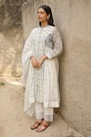 Shop_Amoree by Shikha Chaudhry_Off White Cotton, Silk Embroidery Round Neck Floral Pattern Kurta Set _Online_at_Aza_Fashions