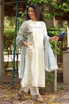 Buy_Amoree by Shikha Chaudhry_Off White Cotton, Silk Embroidery Mandarin Collar Asmee Floral Pattern Kurta Set _at_Aza_Fashions
