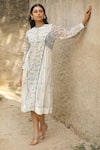 Amoree by Shikha Chaudhry_Off White Cotton, Silk Embroidery Round Neck Floral Patterm Dress _Online_at_Aza_Fashions