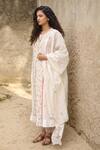 Amoree by Shikha Chaudhry_Off White Cotton, Silk Embroidery Round Neck Floral Pattern Gathered Kurta Set _Online_at_Aza_Fashions