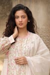 Shop_Amoree by Shikha Chaudhry_Off White Cotton, Silk Embroidery Round Neck Floral Pattern Gathered Kurta Set _Online_at_Aza_Fashions