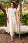 Buy_Amoree by Shikha Chaudhry_Off White Cotton, Silk Embroidery Round Neck Butti Pattern Kurta Set _at_Aza_Fashions