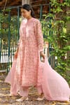 Shop_Amoree by Shikha Chaudhry_Pink Cotton, Silk Embroidery Mandarin Collar Floral Bloom Pattern Kurta Set _at_Aza_Fashions