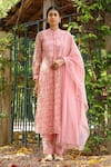 Buy_Amoree by Shikha Chaudhry_Pink Cotton, Silk Embroidery Mandarin Collar Floral Bloom Pattern Kurta Set _at_Aza_Fashions
