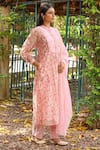 Buy_Amoree by Shikha Chaudhry_Pink Cotton, Silk Embroidery Mandarin Collar Floral Bloom Pattern Kurta Set _Online_at_Aza_Fashions
