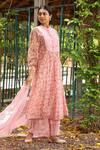 Shop_Amoree by Shikha Chaudhry_Pink Cotton, Silk Embroidery Mandarin Collar Floral Bloom Pattern Kurta Set _Online_at_Aza_Fashions