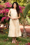 Buy_Amoree by Shikha Chaudhry_Off White Cotton, Silk Embroidery, Tassels Boat Neck Floral Bloom Pattern Dress _at_Aza_Fashions