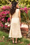 Shop_Amoree by Shikha Chaudhry_Off White Cotton, Silk Embroidery, Tassels Boat Neck Floral Bloom Pattern Dress _at_Aza_Fashions