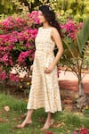 Shop_Amoree by Shikha Chaudhry_Off White Cotton, Silk Embroidery, Tassels Boat Neck Floral Bloom Pattern Dress _Online_at_Aza_Fashions