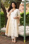 Buy_Amoree by Shikha Chaudhry_Off White Cotton, Silk Embroidery Round Neck Butti Pattern Kurta Set _at_Aza_Fashions
