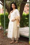 Shop_Amoree by Shikha Chaudhry_Off White Cotton, Silk Embroidery Round Neck Butti Pattern Kurta Set _Online_at_Aza_Fashions
