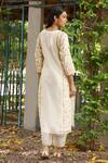 Shop_Amoree by Shikha Chaudhry_Off White Cotton, Silk Embroidery Split V-neck Butti Pattern Straight Kurta Set _at_Aza_Fashions