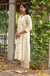 Shop_Amoree by Shikha Chaudhry_Off White Cotton, Silk Embroidery Split V-neck Butti Pattern Straight Kurta Set _Online_at_Aza_Fashions