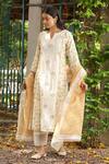 Amoree by Shikha Chaudhry_Off White Cotton, Silk Embroidery Split V-neck Butti Pattern Straight Kurta Set _at_Aza_Fashions