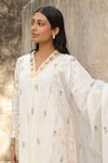 Buy_Amoree by Shikha Chaudhry_Off White Cotton, Silk Embroidery Split V-neck Placement Kurta Set _Online_at_Aza_Fashions