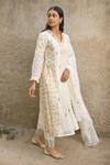 Shop_Amoree by Shikha Chaudhry_Off White Cotton, Silk Embroidery Split V-neck Placement Kurta Set _Online_at_Aza_Fashions