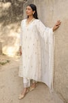 Buy_Amoree by Shikha Chaudhry_Off White Cotton, Silk Embroidery Split V-neck Placement Kurta Set _at_Aza_Fashions
