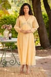 Buy_Amoree by Shikha Chaudhry_Yellow Cotton, Silk Embroidery, Pearls V-neck Floral Dress _at_Aza_Fashions