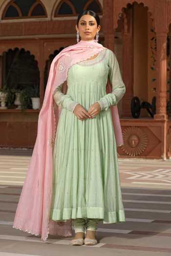 Buy_Amoree by Shikha Chaudhry_Mint Cotton, Silk Embroidery, Beads, Tassels Round Neck Butti Anarkali Set _at_Aza_Fashions