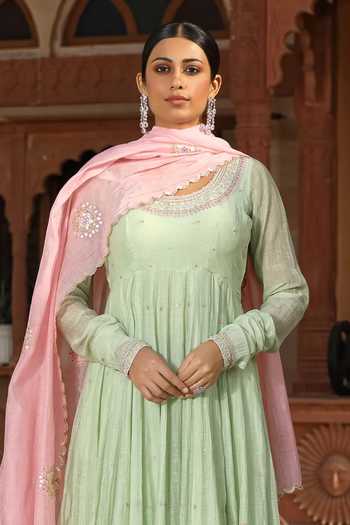 Buy_Amoree by Shikha Chaudhry_Mint Cotton, Silk Embroidery, Beads, Tassels Round Neck Butti Anarkali Set _Online_at_Aza_Fashions