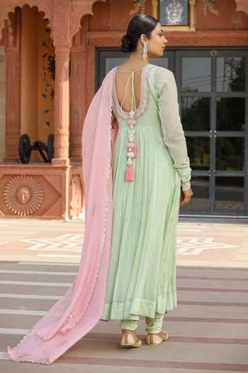 Shop_Amoree by Shikha Chaudhry_Mint Cotton, Silk Embroidery, Beads, Tassels Round Neck Butti Anarkali Set _at_Aza_Fashions
