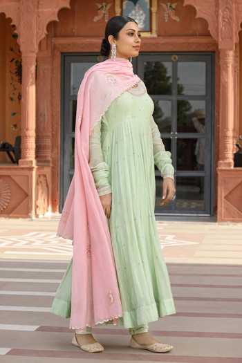 Shop_Amoree by Shikha Chaudhry_Mint Cotton, Silk Embroidery, Beads, Tassels Round Neck Butti Anarkali Set _Online_at_Aza_Fashions