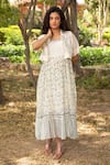 Buy_Amoree india_Off White Cotton, Silk Embroidery, Beads Square Neck Floral Pattern Dress _at_Aza_Fashions