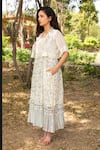 Shop_Amoree india_Off White Cotton, Silk Embroidery, Beads Square Neck Floral Pattern Dress _at_Aza_Fashions