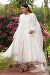 Buy_Amoree india_White Cotton Embroidery, Lace Round Neck Gathered Anarkali Set _Online_at_Aza_Fashions