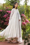 Shop_Amoree india_White Cotton Embroidery, Lace Round Neck Gathered Anarkali Set _Online_at_Aza_Fashions