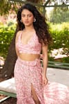 Amoree india_Pink Cotton, Silk Halter Neck Floral Pattern Bustier With Skirt _Online_at_Aza_Fashions