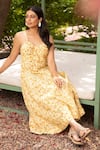Shop_Amoree india_Yellow Cotton, Silk Embroidery Sweetheart Neck Floral Pattern Corset Dress _Online_at_Aza_Fashions